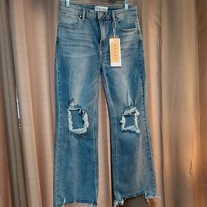 NWT Risen Jeans High Rise Crop Distressed Knees & Hem Size 9/29